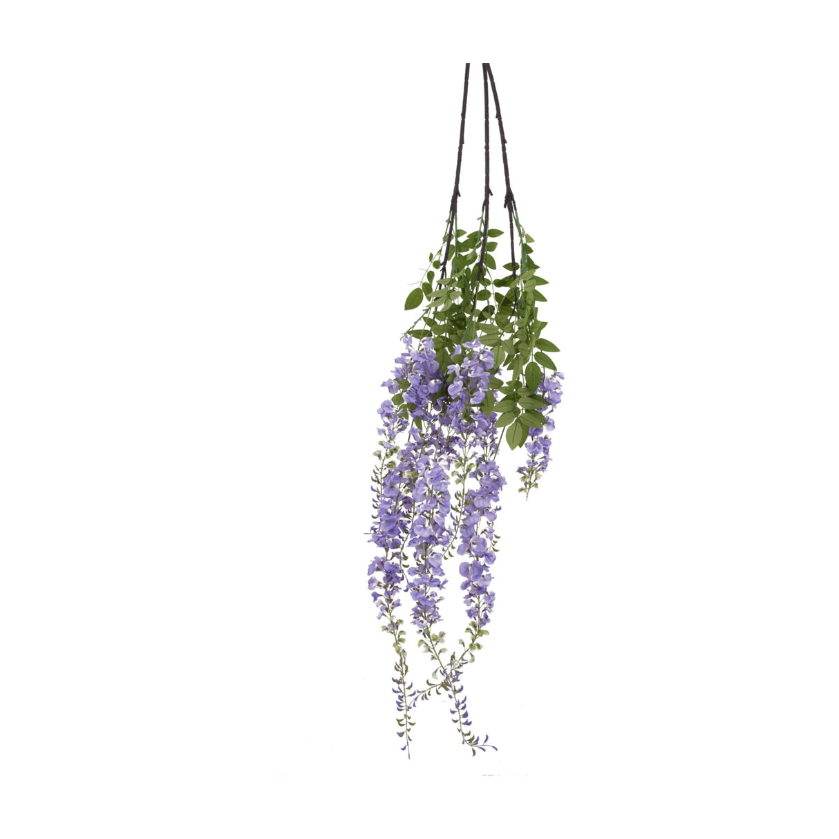 Hill Interiors Large Purple Wisteria Spray with cascading lilac blooms and green leaves trailing from bendable stems, shown on a plain white background.