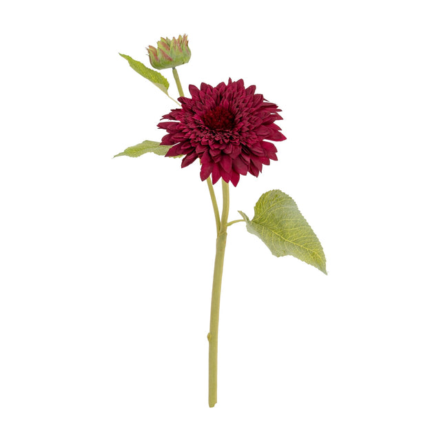 Hill Interiors Dahlia Burgundy Raven Stem, a 47cm faux flower with layered deep red petals, green leaves and a bud on a slim stem against white.