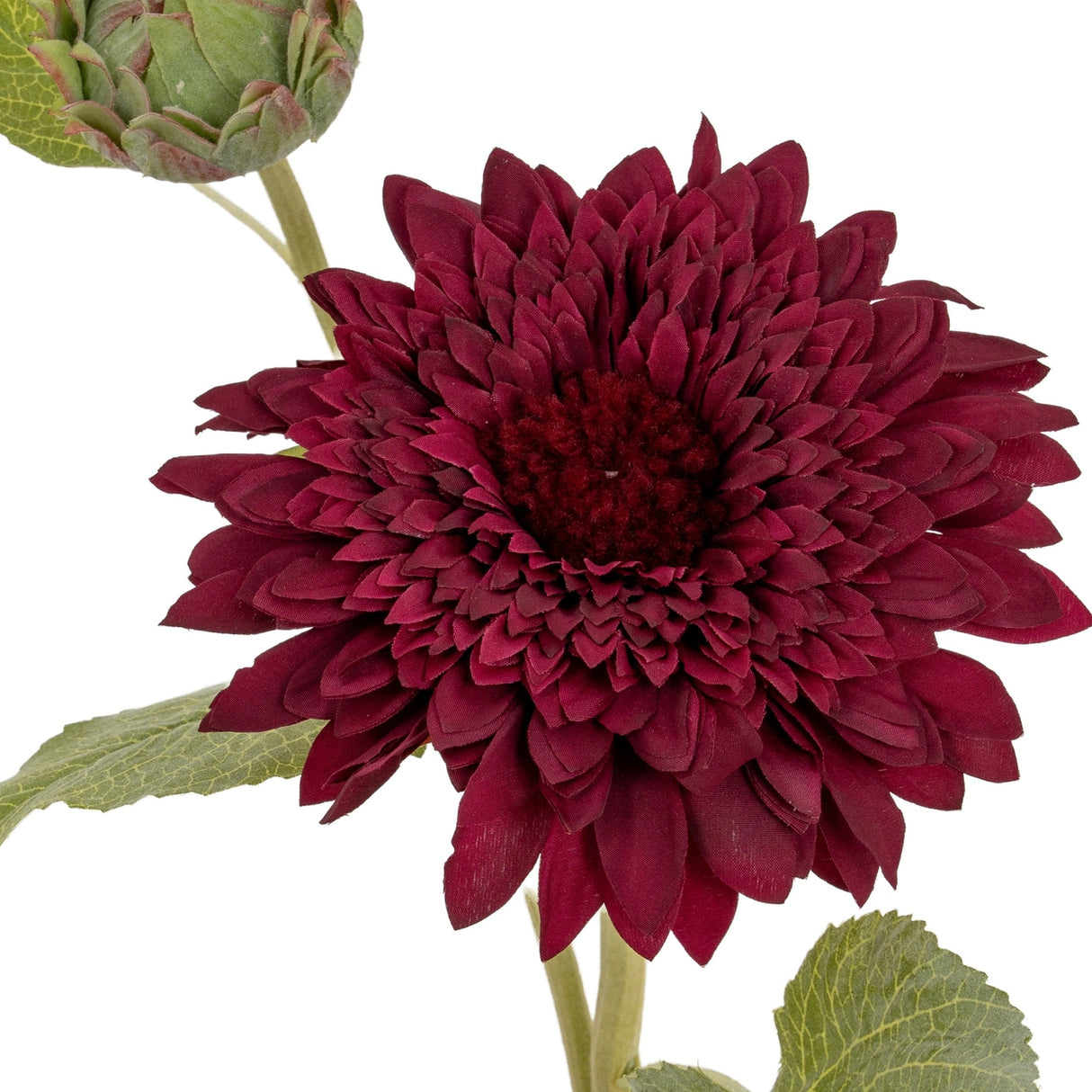 Hill Interiors Dahlia Burgundy Raven Stem with a deep wine-red layered bloom, green artichoke-like bud and leaves, on a white background.