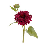 Hill Interiors Dahlia Burgundy Raven Stem, a faux dahlia with layered deep red petals, green bud and leaves, on a plain white background.