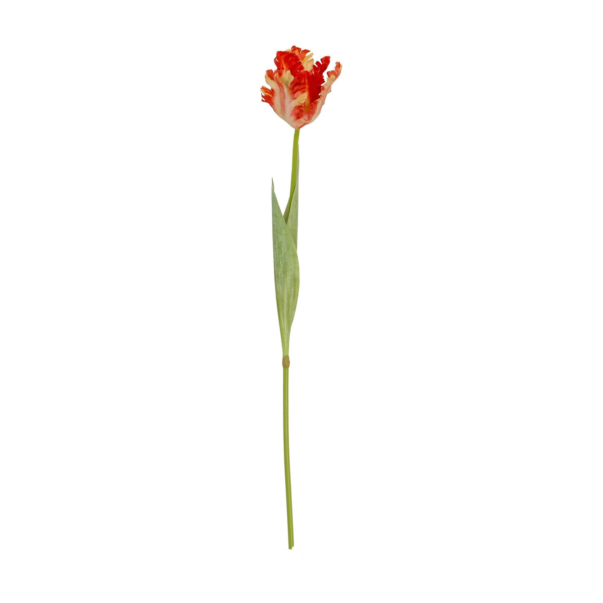 Hill Interiors Flame Orange Parrot Tulip faux stem with ruffled orange petals and a green leaf on a slender stem, shown against a plain white background.