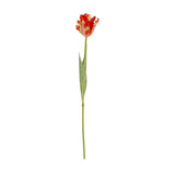 Hill Interiors Flame Orange Parrot Tulip faux stem with ruffled orange petals and a green leaf on a slender stem, shown against a plain white background.