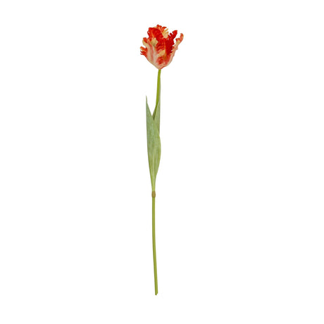 Hill Interiors Flame Orange Parrot Tulip faux stem with ruffled orange petals and a green leaf on a slender stem, shown against a plain white background.