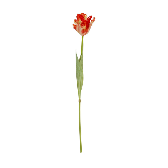 Hill Interiors Flame Orange Parrot Tulip faux stem with ruffled orange petals and a green leaf on a slender stem, shown against a plain white background.
