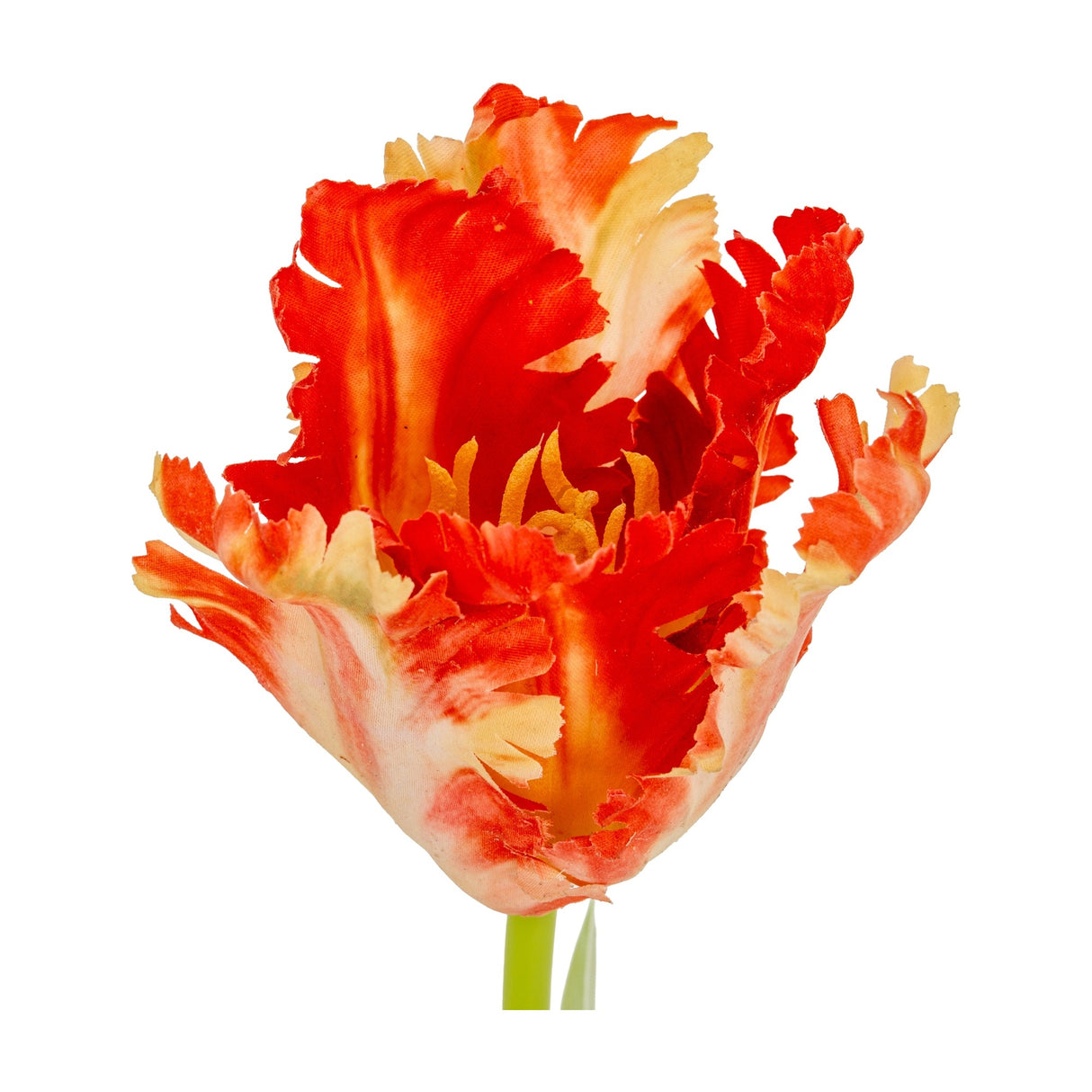 Hill Interiors Flame Orange Parrot Tulip faux stem with ruffled fringed petals in warm orange and cream tones on a green stem, shown on a white background.