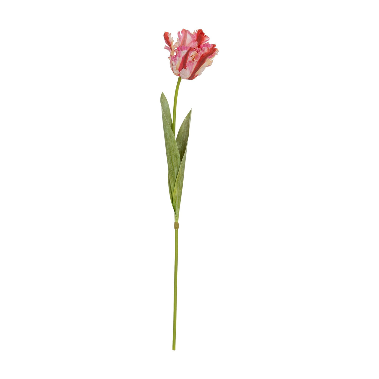 Hill Interiors Multi Pink Parrot Tulip faux stem with ruffled pink fringed petals and slim green foliage on a bendable stem, shown against a white background.