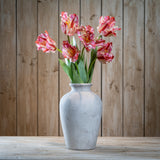 Hill Interiors Multi Pink Parrot Tulip faux stems with ruffled blush and red petals arranged in a stone grey vase against a wooden plank backdrop.