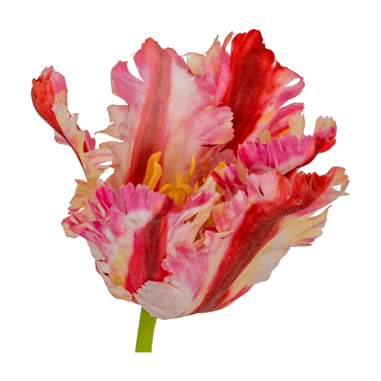 Close-up of Hill Interiors Multi Pink Parrot Tulip faux stem showing ruffled fringed petals in blush and deep pink with a yellow centre, on white.