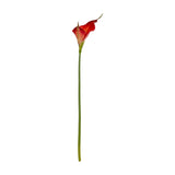 Hill Interiors Fireball Calla Lily faux stem with a red trumpet-shaped bloom and long green plastic stem on a plain white background.