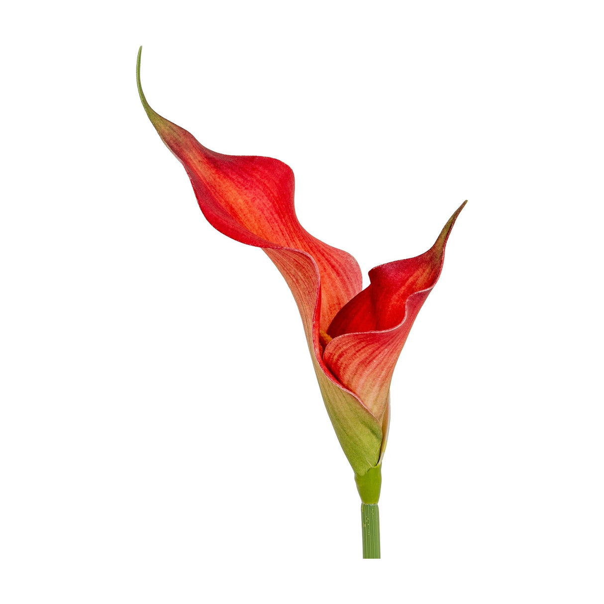 Hill Interiors Fireball Calla Lily faux stem with a red trumpet-shaped bloom, curled petal edges, and green base on a plain white background.