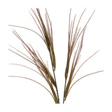 Hill Interiors Brome Grass Spray faux dried stem with slim arching seed heads in soft green and russet tones on wiry branching stalks, on white.