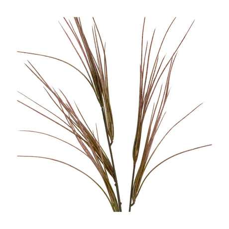 Hill Interiors Brome Grass Spray faux dried stem with slim arching seed heads in soft green and russet tones on wiry branching stalks, on white.