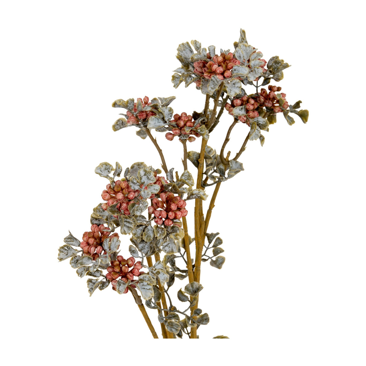 Hill Interiors Pink Berry Spray faux foliage stem with clusters of small pink berries and pale green leaves on slender branches, shown on a white background.