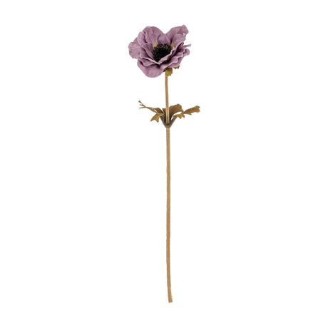 Hill Interiors Purple Anemone Stem with layered dusky purple petals, dark centre and green leaf collar on a slender stem, shown on a white background.