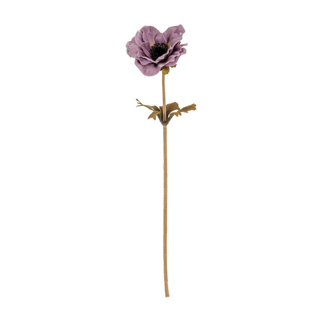 Hill Interiors Purple Anemone Stem with layered dusky purple petals, dark centre and green leaf collar on a slender stem, shown on a white background.