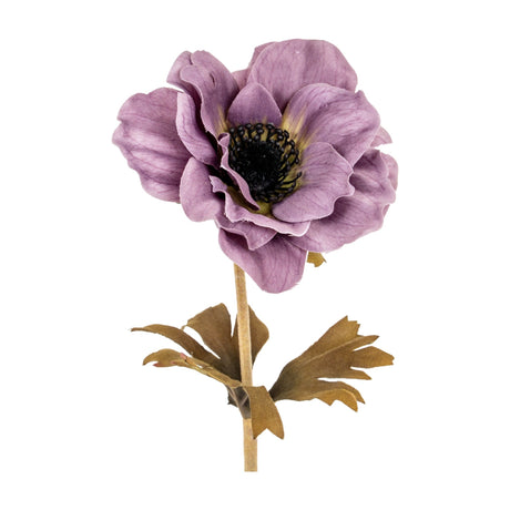 Hill Interiors Purple Anemone Stem with cupped mauve petals, dark centre and stamens, on a wired stem with brown foliage against a white background.
