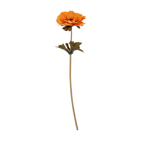 Hill Interiors faux anemone stem with a single open orange bloom, dark stamen centre and green foliage on a slender wired stalk, shown on a white background.
