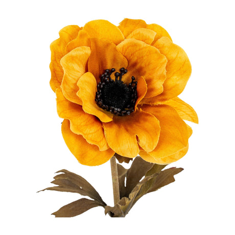 Hill Interiors Yellow Anemone Stem with layered yellow petals, dark stamen centre and green foliage on a wired stalk, shown on a plain white background.