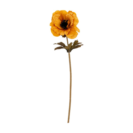 Hill Interiors Orange Anemone Stem, a faux flower with ruffled orange petals and dark centre on a wired stem with green leaves, on a white background.