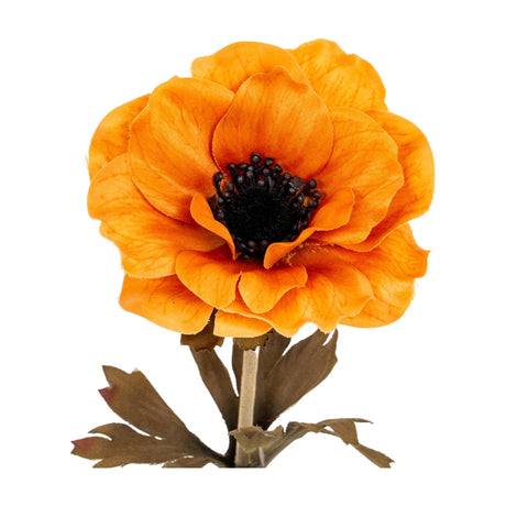 Hill Interiors Orange Anemone Stem with ruffled petals around a dark centre on a wired green stem, shown against a plain white background.