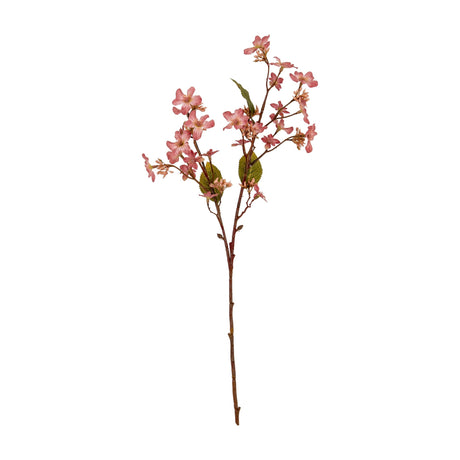 Hill Interiors Pink Vernicia Fordii Spray, a 63cm faux flower stem with cupped blush blooms, buds and veined green leaves, shown on a white background.