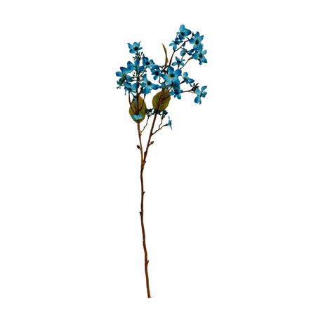Hill Interiors Blue Vernicia Fordii Spray, a 63cm faux stem with muted blue five-petal blossoms and green leaves on a bendable branch, on white.