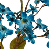 Close-up of the Hill Interiors Blue Vernicia Fordii Spray showing muted blue five-petal blossoms with veined petals, green buds and brown branching stems.