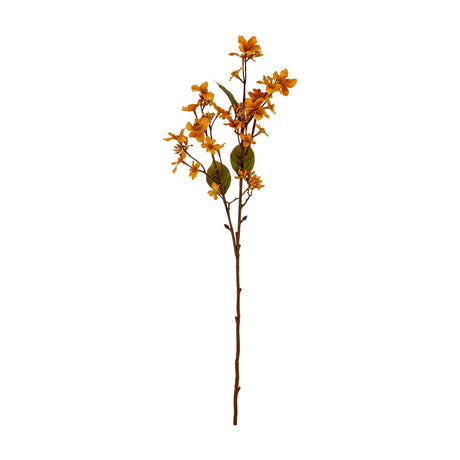 Hill Interiors Yellow Vernicia Fordii Spray, a 63cm faux flower stem with clustered yellow five-petal blossoms and green leaves on a white background.