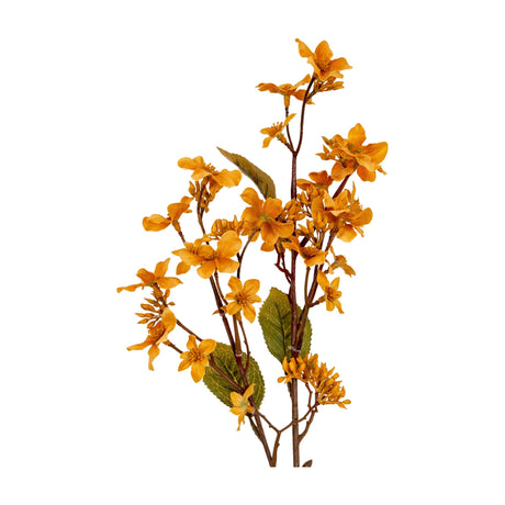 Hill Interiors Yellow Vernicia Fordii Spray, a faux flower stem with warm yellow five-petal blossoms and green leaves on brown branches, on white.