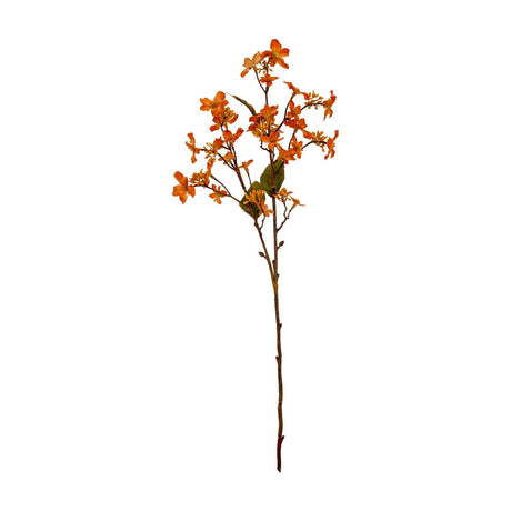 Hill Interiors Orange Vernicia Fordii Spray, a faux flower stem with warm orange five-petal blooms, buds and green leaves on a wired stem.