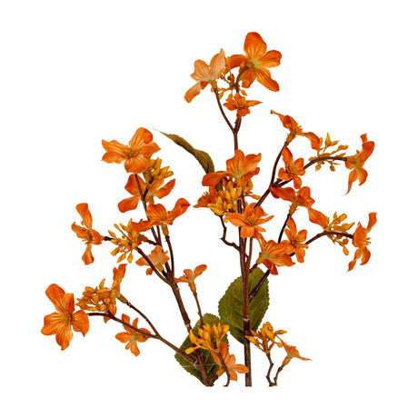 Hill Interiors Orange Vernicia Fordii Spray faux flower stem with five-petal blooms, buds and green leaves on wired branches, shown on a white background.