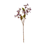 Hill Interiors Purple Vernicia Fordii Spray with clusters of five-petal purple blossoms and slim green leaves on a wired branch, shown on a white background.