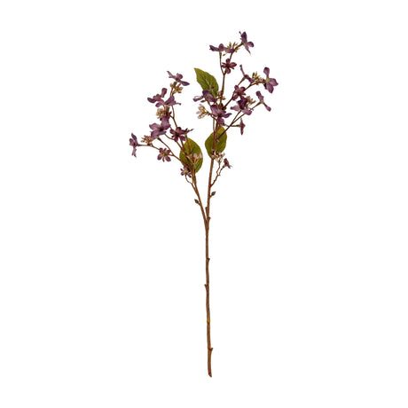 Hill Interiors Purple Vernicia Fordii Spray with clusters of five-petal purple blossoms and slim green leaves on a wired branch, shown on a white background.