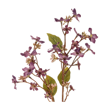 Hill Interiors Purple Vernicia Fordii Spray with five-petal blooms, buds and green leaves on wired brown stems, shown on a plain white background.