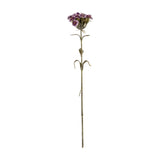 Hill Interiors Purple Dianthus Spray, a 55cm faux flower stem with ruffled plum blooms, buds and slim green leaves, shown on a plain white background.