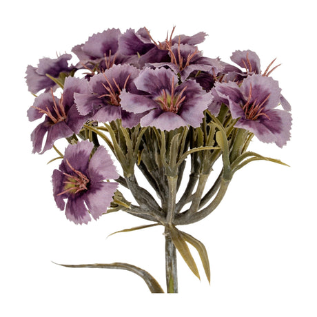 Hill Interiors Purple Dianthus Spray with ruffled plum blooms, small buds and slim green leaves on a wired stem, shown against a plain white background.