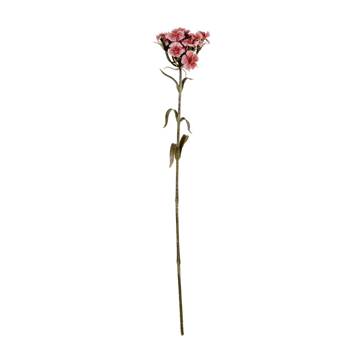 Hill Interiors Pink Dianthus Spray faux flower stem with clustered fringed pink blooms and slim green leaves on a branching stalk, on a white background.
