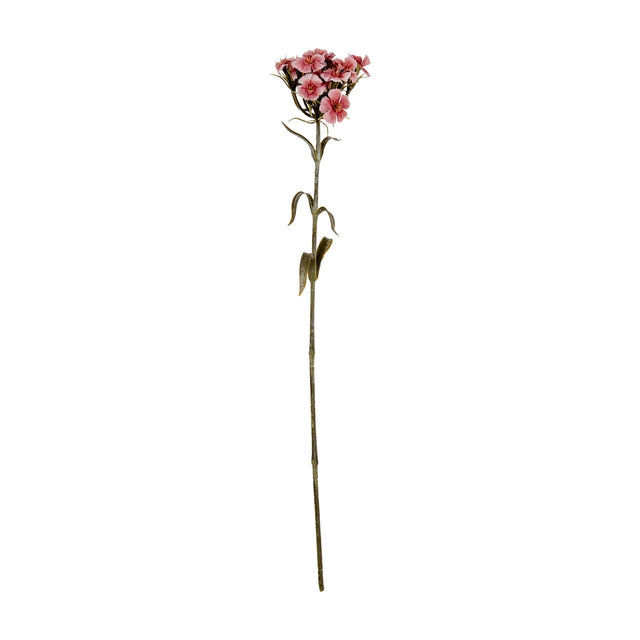 Hill Interiors Pink Dianthus Spray faux flower stem with clustered fringed pink blooms and slim green leaves on a branching stalk, on a white background.