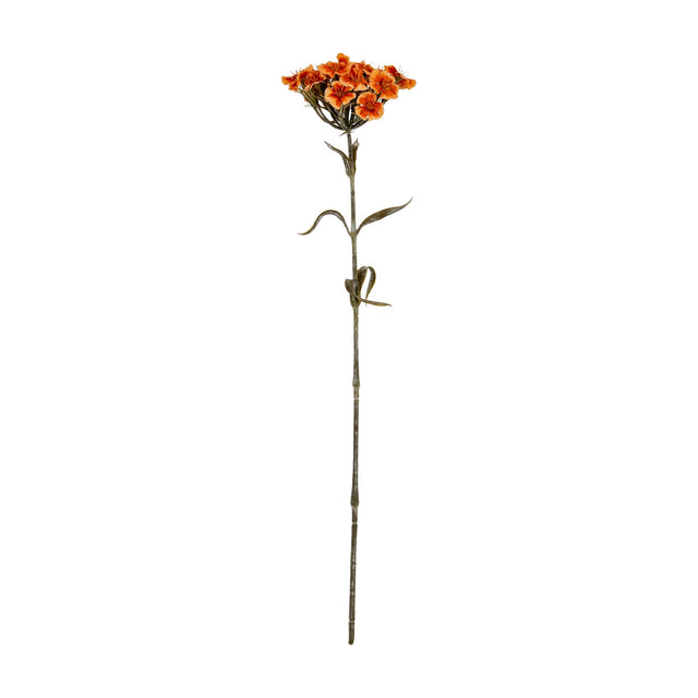 Hill Interiors Orange Dianthus Spray faux flower stem with clustered ruffled orange blooms and slim green foliage on a tall stem, shown on a white background.