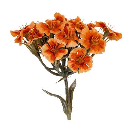 Hill Interiors Orange Dianthus Spray faux flower stem with clustered ruffled orange blooms and slim green foliage, shown against a plain white background.