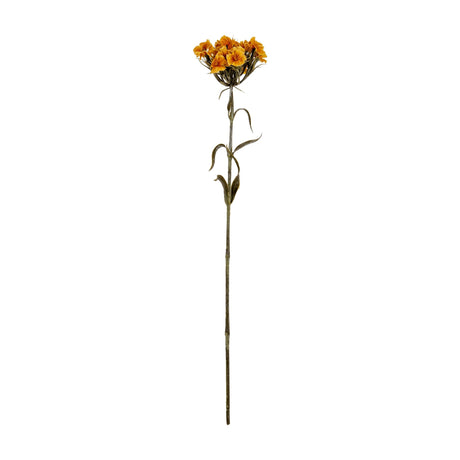 Hill Interiors Yellow Dianthus Spray faux flower stem with ruffled yellow blooms and slim green foliage on a long stem, shown on a plain white background.