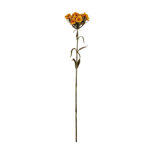 Hill Interiors Yellow Dianthus Spray faux flower stem with ruffled yellow blooms and slim green foliage on a long stem, shown on a plain white background.