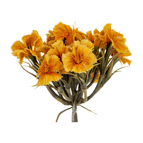 Hill Interiors Yellow Dianthus Spray faux flower stem with ruffled yellow blooms and slim green foliage on a plain white background.