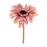Hill Interiors Pink Gerbera Stem faux flower with layered dusty pink petals and a textured brown centre on a slim stem, shown against a white background.