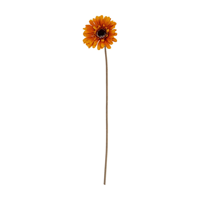 Hill Interiors Soft Yellow Gerbera Stem in orange-yellow with layered petals and a dark centre on a slim wrapped plastic stem, shown on a white background.