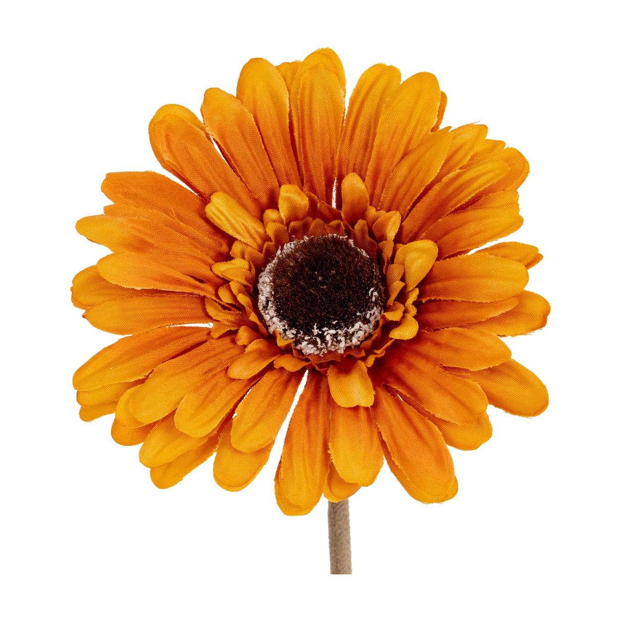 Hill Interiors Soft Yellow Gerbera Stem shown close up with orange-yellow layered petals and a dark central disc on a plain white background.