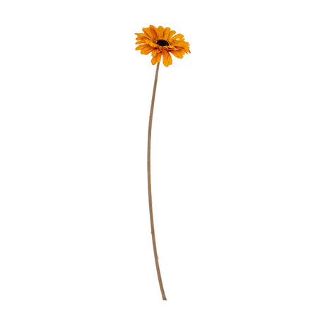 Hill Interiors Orange Gerbera Stem, a faux flower with a single open bloom and slim petals on a long curved stem, shown against a white background.