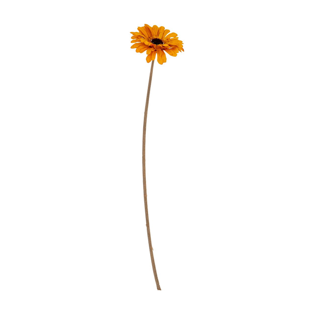 Hill Interiors Orange Gerbera Stem, a faux flower with a single open bloom and slim petals on a long curved stem, shown against a white background.
