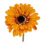 Hill Interiors Orange Gerbera Stem faux flower with a single open bloom of slim orange petals around a textured dark centre, on a plain background.