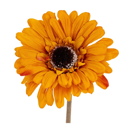 Hill Interiors Orange Gerbera Stem faux flower with a single open bloom of slim orange petals around a textured dark centre, on a plain background.